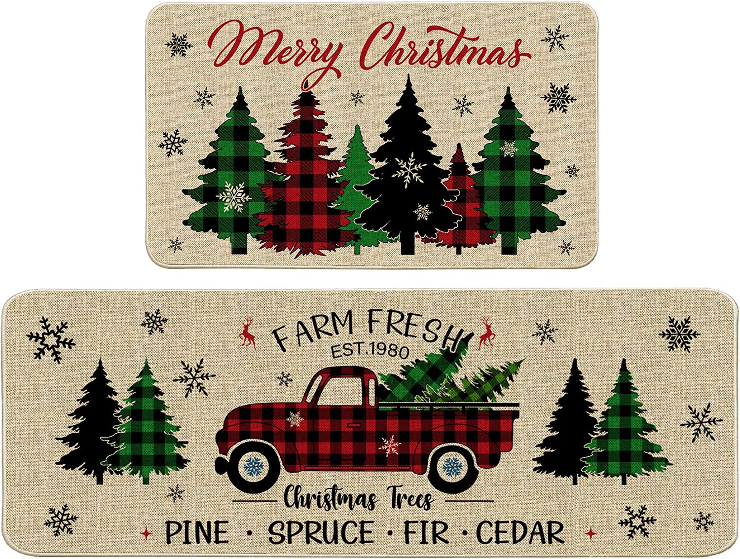 LONGRV Christmas Kitchen Mats Set of 2, Christmas Kitchen Rugs and Mats Farmhouse Plaid Tree and