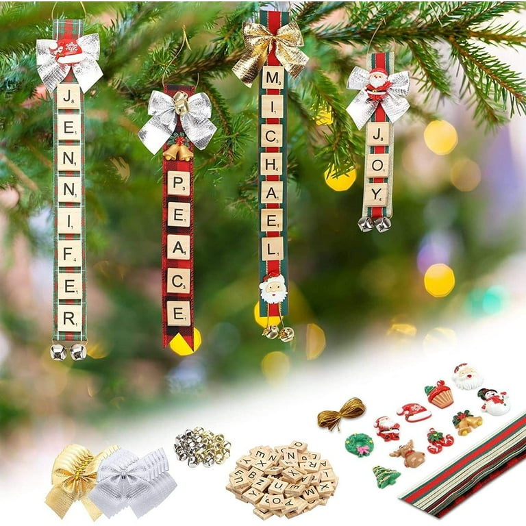 LONGRV Christmas Ornaments Tree Decorations Personalized Crafts for Girls Adults Kids Kit DIY Ribbon Letter Tiles Bells Rustic Stockings Name Tags