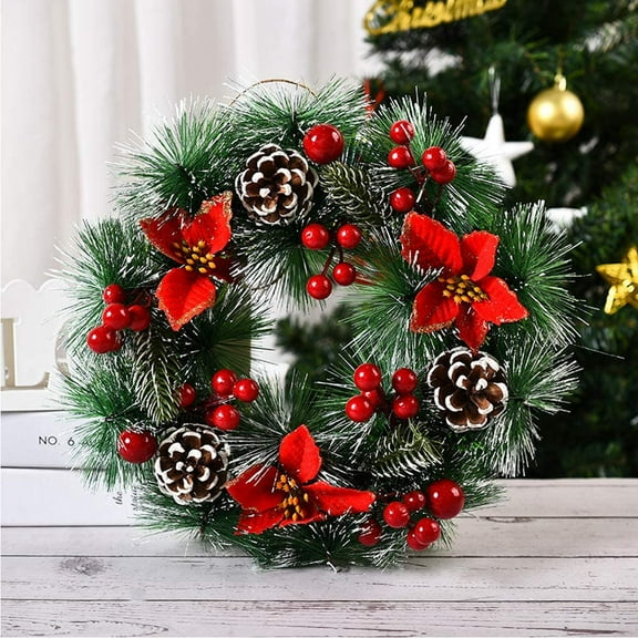 LONGRV Christmas Wreaths for Front Door Thanksgiving Day Indoor Outdoor Home Decorative Wreath With Three Red Flowers Pine Cones Fruits Leaves