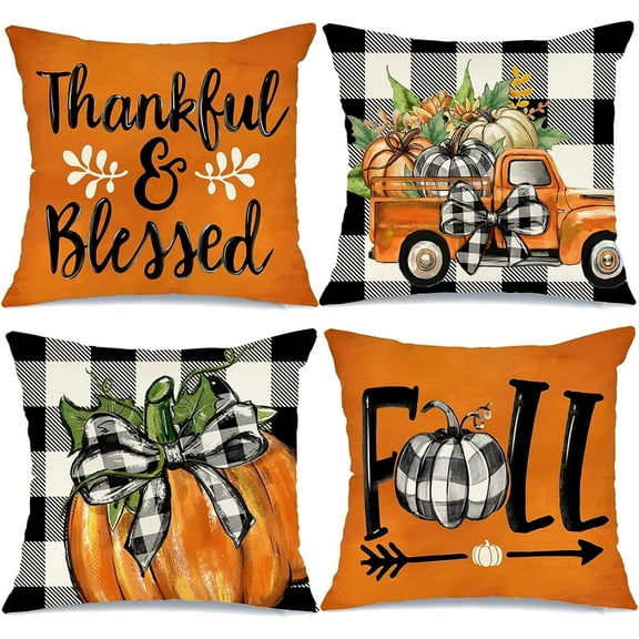 Fall Decorative Throw Pillow Covers 18 x 18 Inch Set of 4, Pumpkins Thankful Blessed Buffalo Plaid Fall Decor Outdoor Farmhouse Pillow Cases for Home Couch (Orange Color)