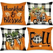 LONGRV Fall Decorative Throw Pillow Covers 18 x 18 Inch Set of 4, Pumpkins Thankful Blessed Buffalo Plaid Fall Decor Outdoor Farmhouse Pillow Cases for Home Couch (Orange Color)