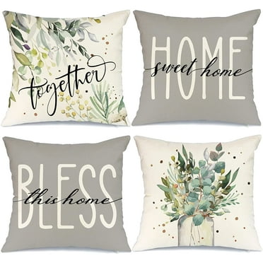 LONGRV Farmhouse Decorative Pillow Covers 18x18 Set of 4 Eucalyptus Wreath Home Decorative Throw Pillow Covers Bless Spring Decorations for Couch Sofa