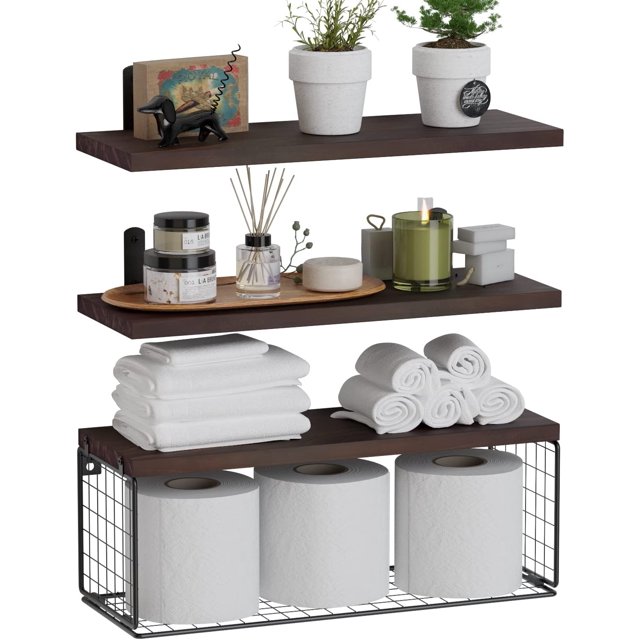 LONGRV Decorative Modern Floating Shelves with Paper Storage, Rustic
