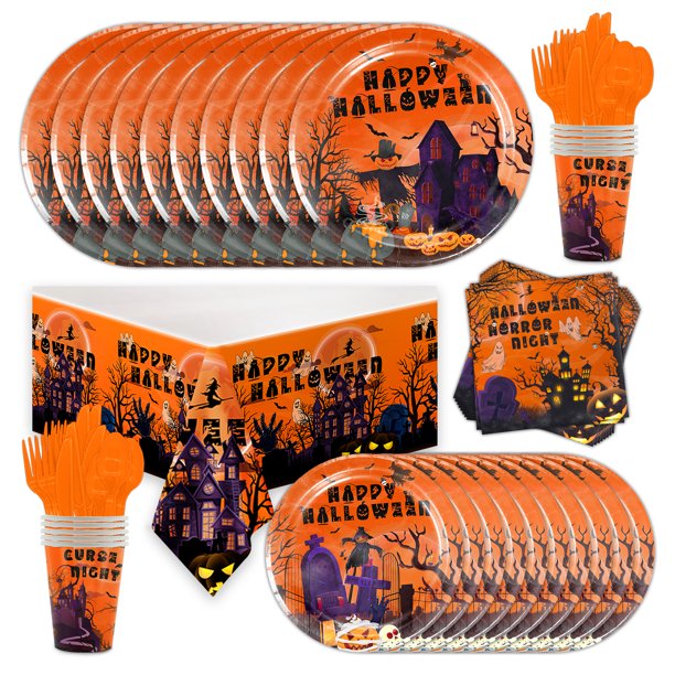LONGRV Halloween Party Supplies Tableware Set Serves 10 Guests, 81pcs
