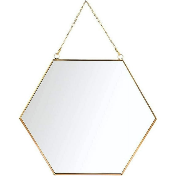 LONGWIN Hanging Wall Hexagon Mirror Decor Gold Geometric Mirror with Chain for Bathroom Bedroom Living Room 9.4"x 8.2"