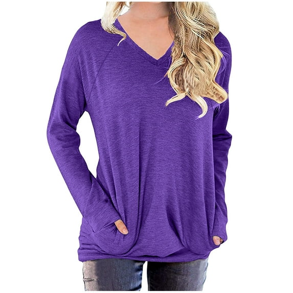 LONGZUVS Fall Tops For Women on Clearance Fall 2023 Trendy Solid Color Long Sleeve Pullover V-Neck Tops Dressy Casual Cute Pockets Hoodless Sweatshirt Top Shirt Womens Going Out Tops,Purple,XL