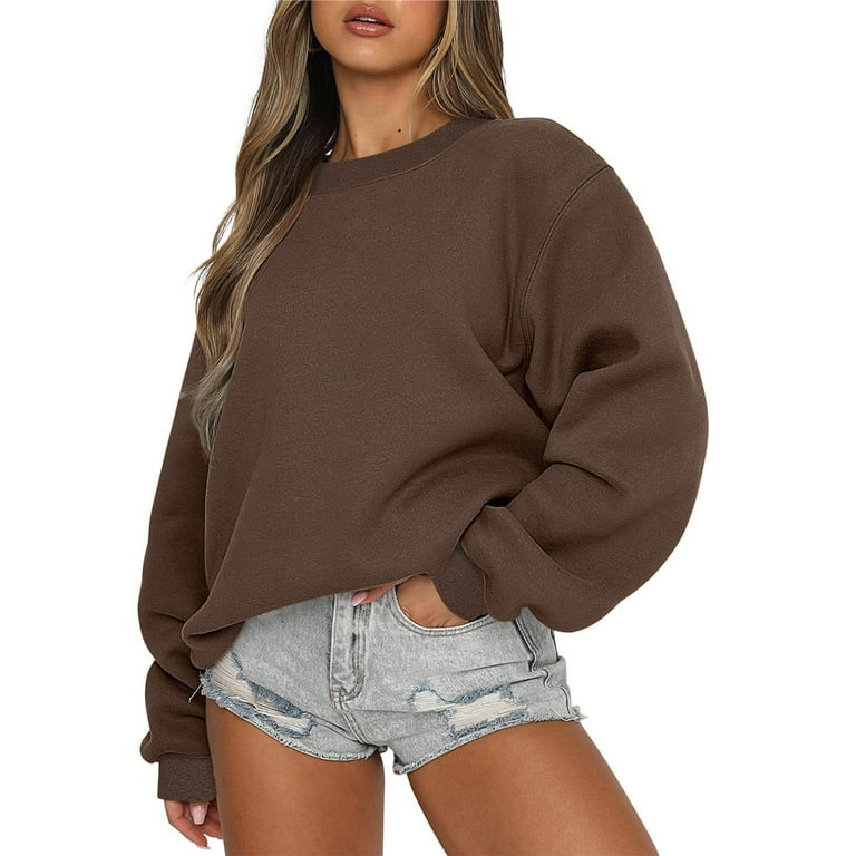 LONGZUVS Ladies Tops in Clearance Solid Color Reversible Hoodless Sweatshirt Long Sleeve Crew Neck Sweatshirt Work Out Tops Gym For Women Brown XXL