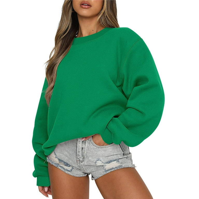 LONGZUVS Womens Blouse on Clearance Solid Color Reversible Hoodless  Sweatshirt Long Sleeve Crew Neck Sweatshirt Athletic Tops For Women,Green,XL