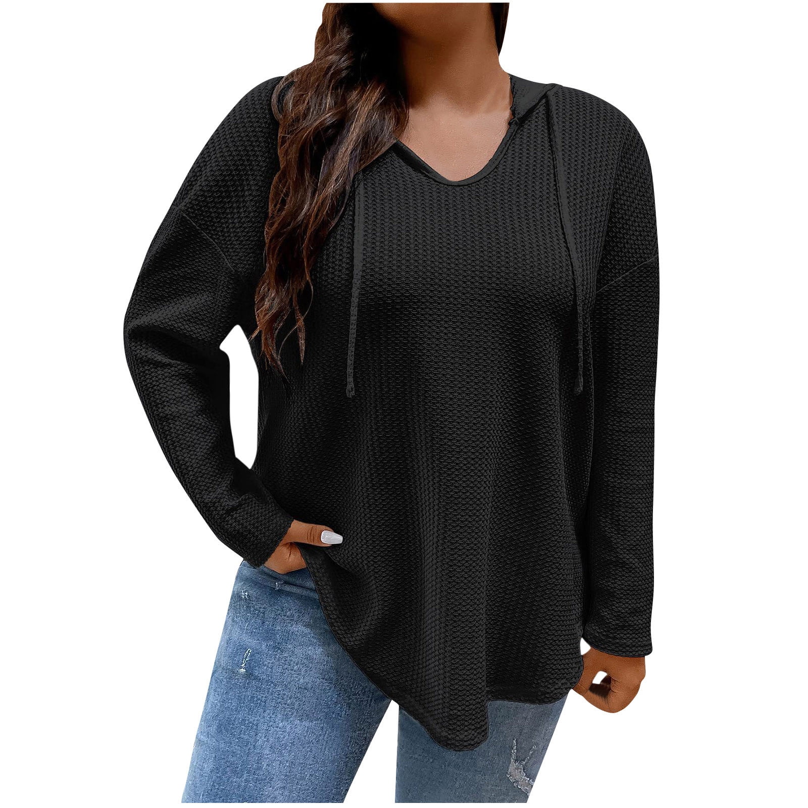 LONGZUVS Womens Work Tops in Clearance Solid Color VNeck Hooded