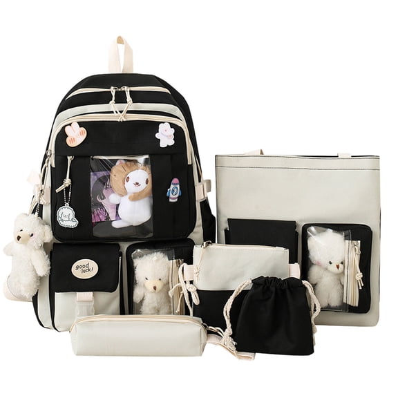 LONGshukeji 5pcs Cute Backpack Set for School Teens Plushies Kawaii Backpack with Accessories