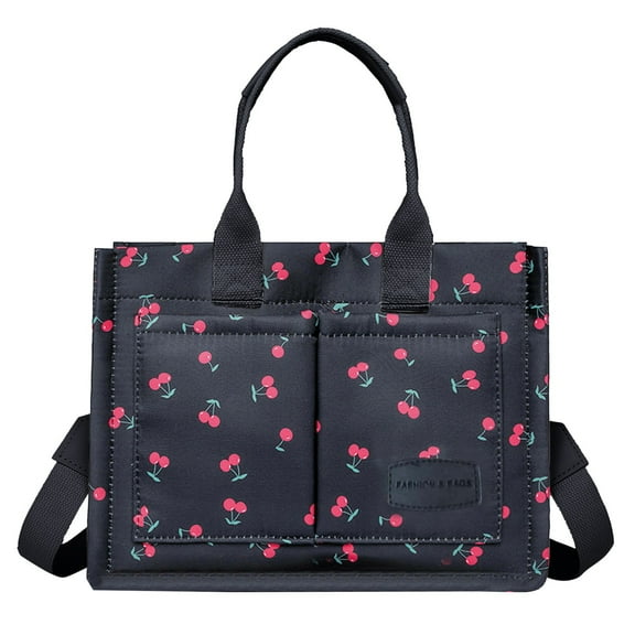LONGshukeji Cherry Tote Bag for Women Canvas Purse Cute Shoulder Bag Multi-Pocket Satchel Handbag for Work Travel