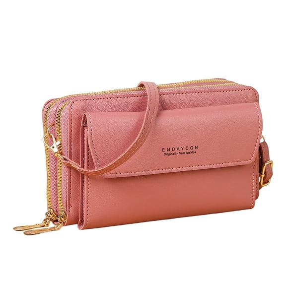 LONGshukeji Women Leather Wallet Crossbody Shoulder Bag with Double Zipper and Mobile Phone Purse with Shoulder Strap