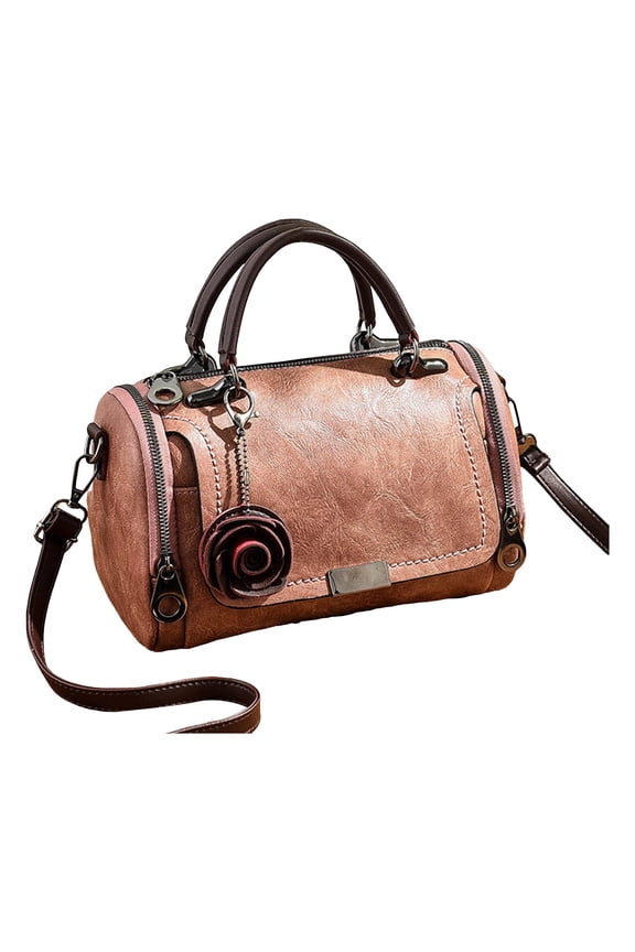 Women Satchel Bags PU Leather Top Handle Handbags Boston Crossbody Bags Flower Pendant Purse Shoulder Bag