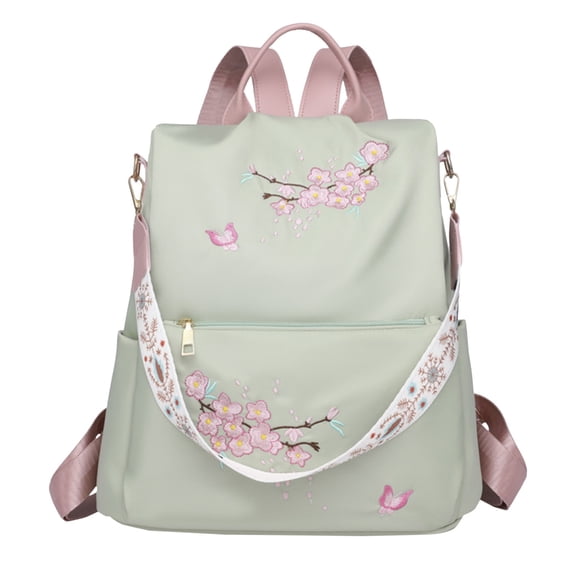 LONGshukeji Womens Floral Embroidered Backpack with Cherry Blossom Print Butterfly Detail Front Zip Pocket Daypack
