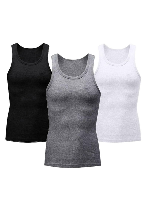 3-Pack Mens Undershirts, Lightweight Thin Gym Tank Tops Fitness Athletic Workout Shirts, Black+Gray+White L