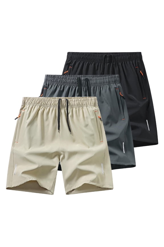 3 Pack Mens Shorts Elastic Waist Lightweight Summer Shorts with Zipper Pockets for Casual Beach Running, Size M