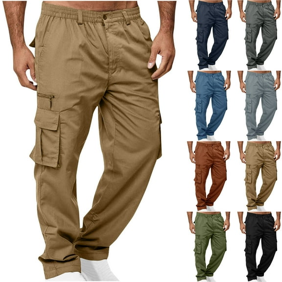 LONKITO Cargo Pants for Men, Lightweight Multi Pockets Outdoor Hiking Pants Elastic Waist Straight Leg Work Pants, Size L