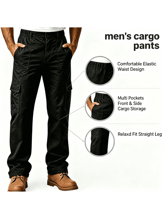 Cargo Pants for Men, Lightweight Multi-Pockets Outdoor Hiking Pants Elastic Waist Straight Leg Work Pants, Size M-3XL