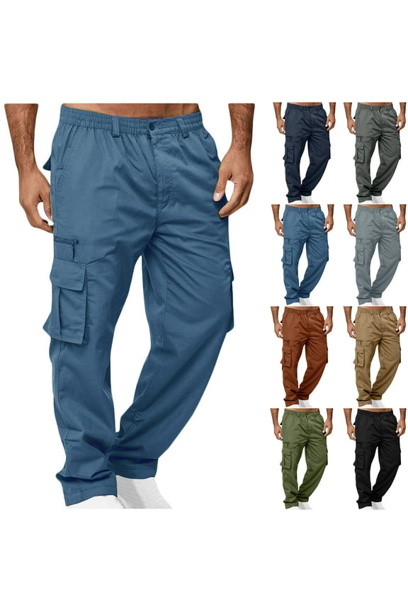 Cargo Pants for Men, Lightweight Multi Pockets Outdoor Hiking Pants Elastic Waist Straight Leg Work Pants, Size XL