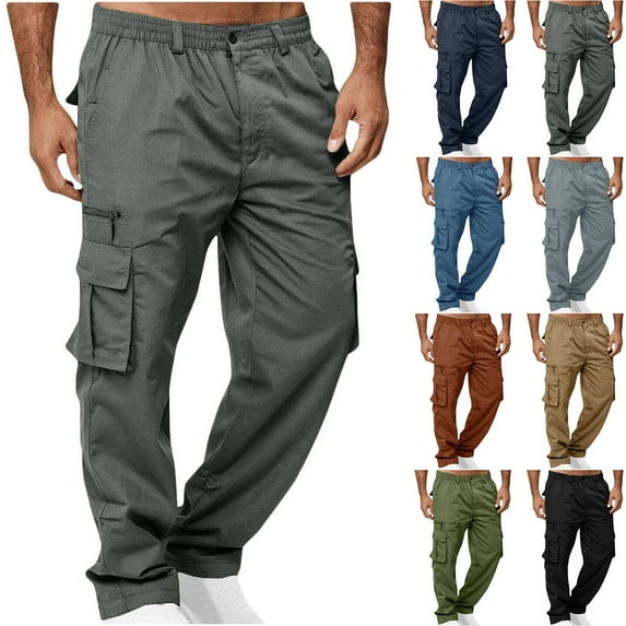 LONKITO Cargo Pants for Men, Lightweight Multi Pockets Outdoor Hiking Pants Elastic Waist Straight Leg Work Pants, Size L