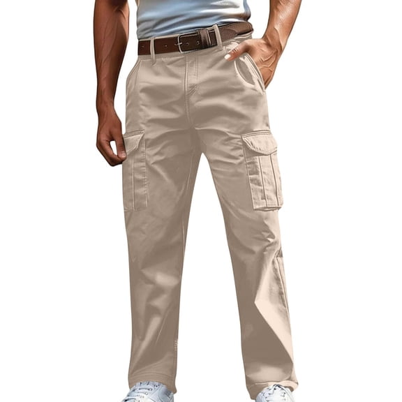 LONKITO Cargo Pants for Men Slim Fit Cotton Linen Work Pants with Pockets Straigh Leg Trousers for Casual Hiking, Size L