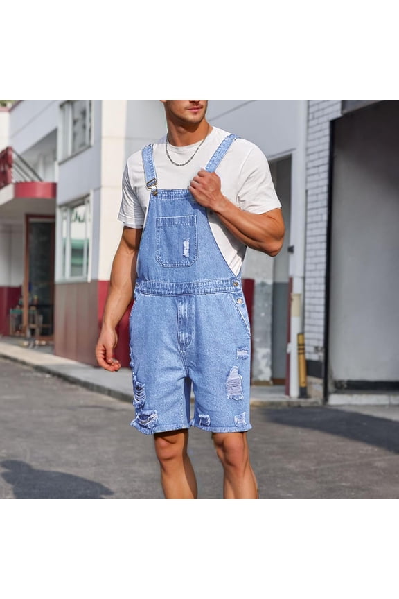 Men's Denim Overalls Cargo Jean Shorts Jumpsuit Loose Fit Work Bib Coveralls with Zipper