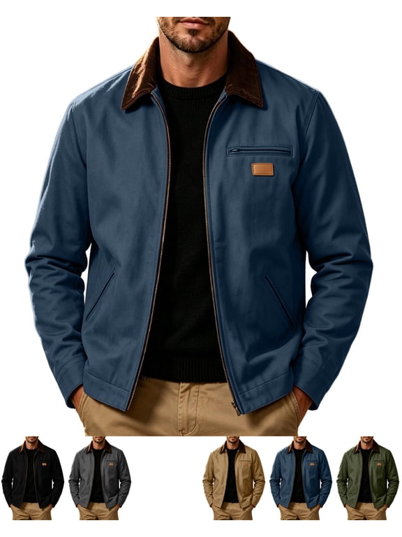Mens Jackets Canvas Quilted Lined Ribbed Collar Work Jacket Fall Winter Clothes
