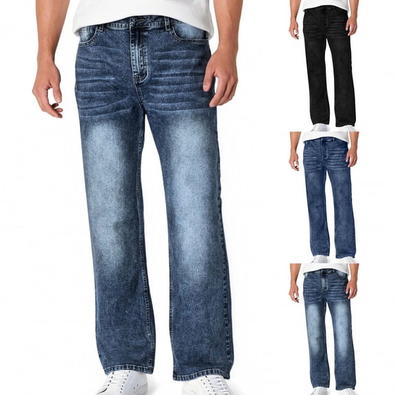 LONKITO Mens Jeans Related Fit, Casual Work Straigh Leg Jeans with Pockets Denim Pants, Blue Size M