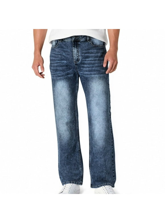 Mens Jeans Related Fit, Casual Work Straigh Leg Jeans with Pockets Denim Pants, Blue Size XL