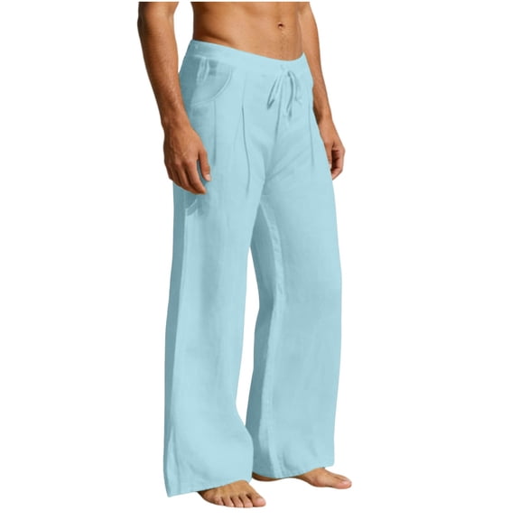 LONKITO Mens Linen Pants with Pockets, Classic Slim Straigh Leg Summer Pants for Casual Beach, Light Blue XL