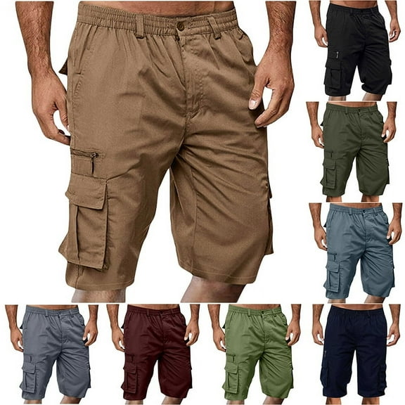 LONKITO Mens Cargo Shorts Elastic Waist Outdoor Fishing Hiking Shorts with Pockets Solid Color Casual Workwear for Fashion New Arrivals, Size 3XL