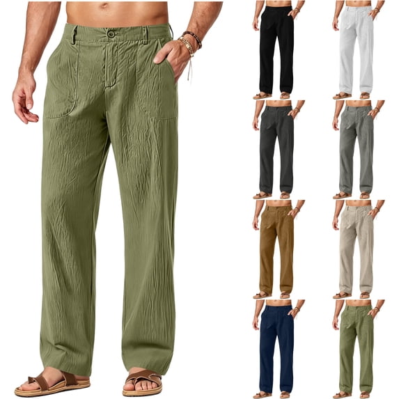 LONKITO Mens Pants with Pockets Relaxed Fit Cotton Bland Trousers Lightweight Casual Summer Beach Pants