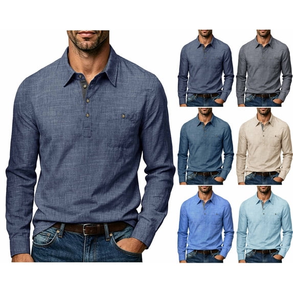 LONKITO Mens Polo Shirts Cotton Linen Long Sleeve Pullover Shirts with Pockets for Casual Business Work