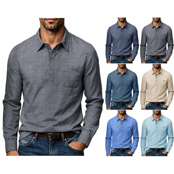 LONKITO Mens Polo Shirts Cotton Linen Long Sleeve Pullover Shirts with Pockets for Casual Business Work