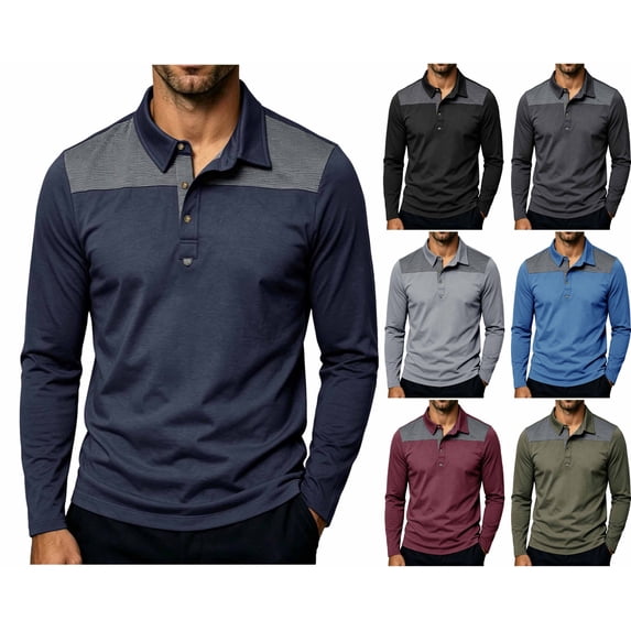 LONKITO Mens Polo Shirts Long Sleeve Lapel Button Pullover Shirts for Casual Business Work