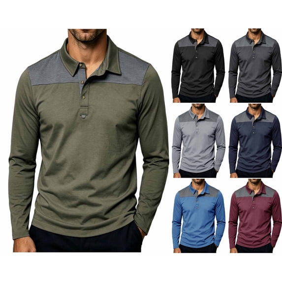 LONKITO Mens Polo Shirts Long Sleeve Lapel Button Pullover Shirts for Casual Business Work