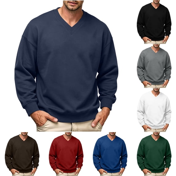 LONKITO Sweatshirts for Men V-neck Pullover Sweatshirts Long Sleeve Ribbed Hem Loose Tops for Fall Winter Clothes