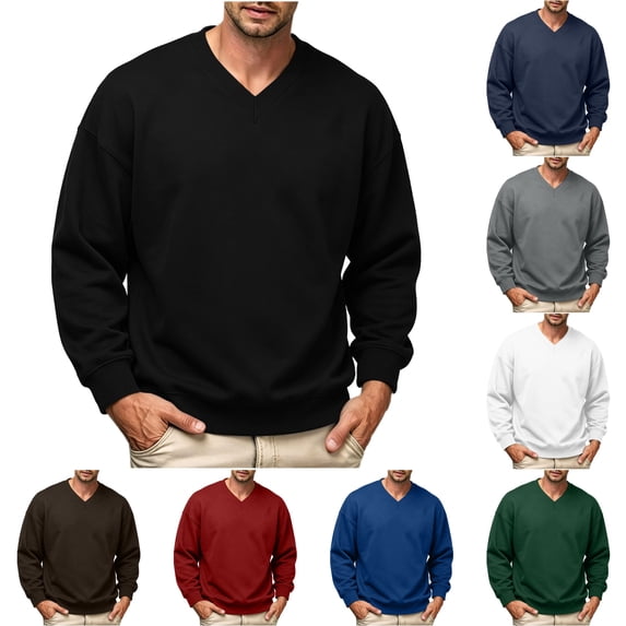 LONKITO Sweatshirts for Men V-neck Pullover Sweatshirts Long Sleeve Ribbed Hem Loose Tops for Fall Winter Clothes