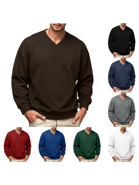 Sweatshirts for Men V-neck Pullover Sweatshirts Long Sleeve Ribbed Hem Loose Tops for Fall Winter Clothes