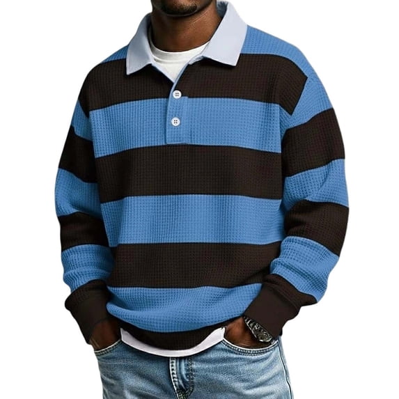 LONKITO Striped Polo Shirts for Men Long Sleeve Button Collar Casual Pullover Shirt
