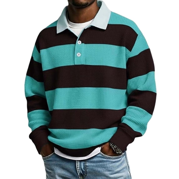 LONKITO Striped Polo Shirts for Men Long Sleeve Button Collar Casual Pullover Shirt
