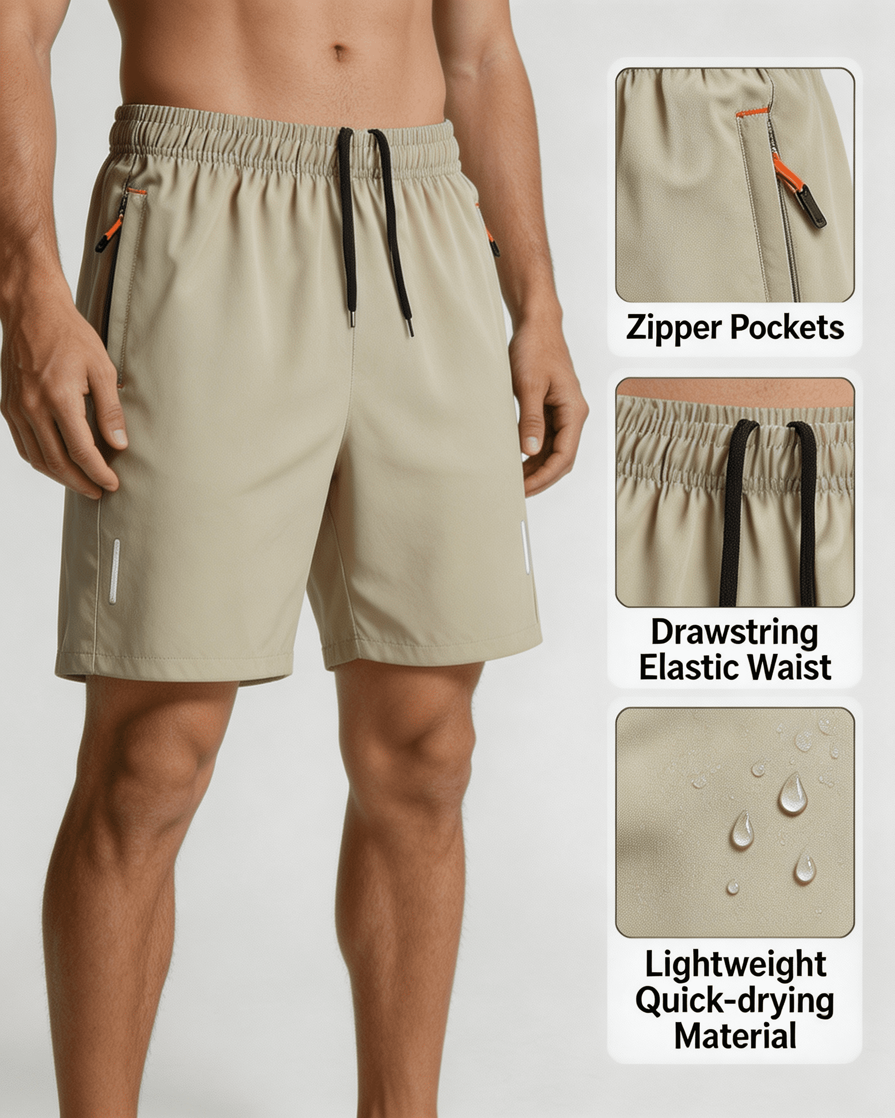 Summer Mens Shorts Elastic Waist Lightweight Running Shorts with Zipper Pockets for Casual Athletic Beach, Size L
