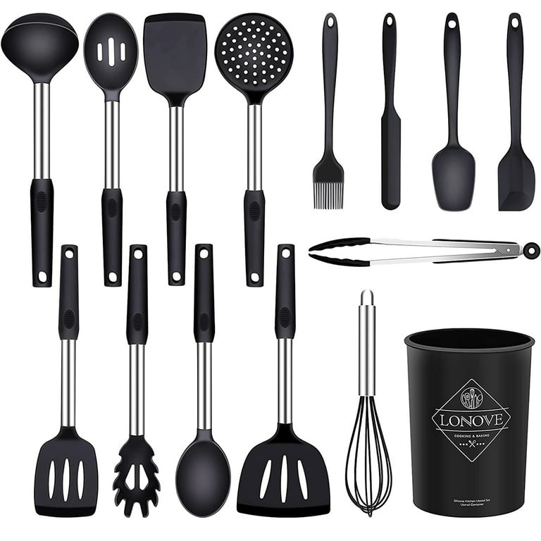 15 PCS Silicone Kitchen Cooking Utensils Set, Heat-Resistant Utensil Set  with Premium Stainless Handles for Cooking and Baking, Non-Stick Spatula  Kitchen Gadgets Cookware Set(Black) 