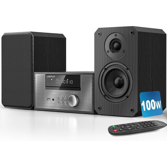 LONPOO 100W Hi-Fi Bookshelf Stereo System with CD & FM Radio