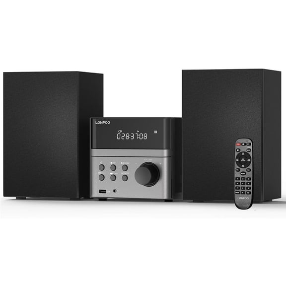 LONPOO LP-128 Bluetooth Stereo System for Home 30W Micro HiFi with CD Player, FM Radio, Bluetooth 5.3, USB Playback, AUX-in, Headphone Jack, Remote Control & DSP Sound