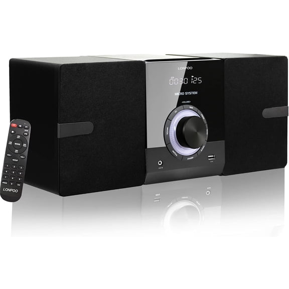 LONPOO LP-886 Compact Stereo System, 30W Bluetooth CD Player with FM Radio and Wooden Speakers