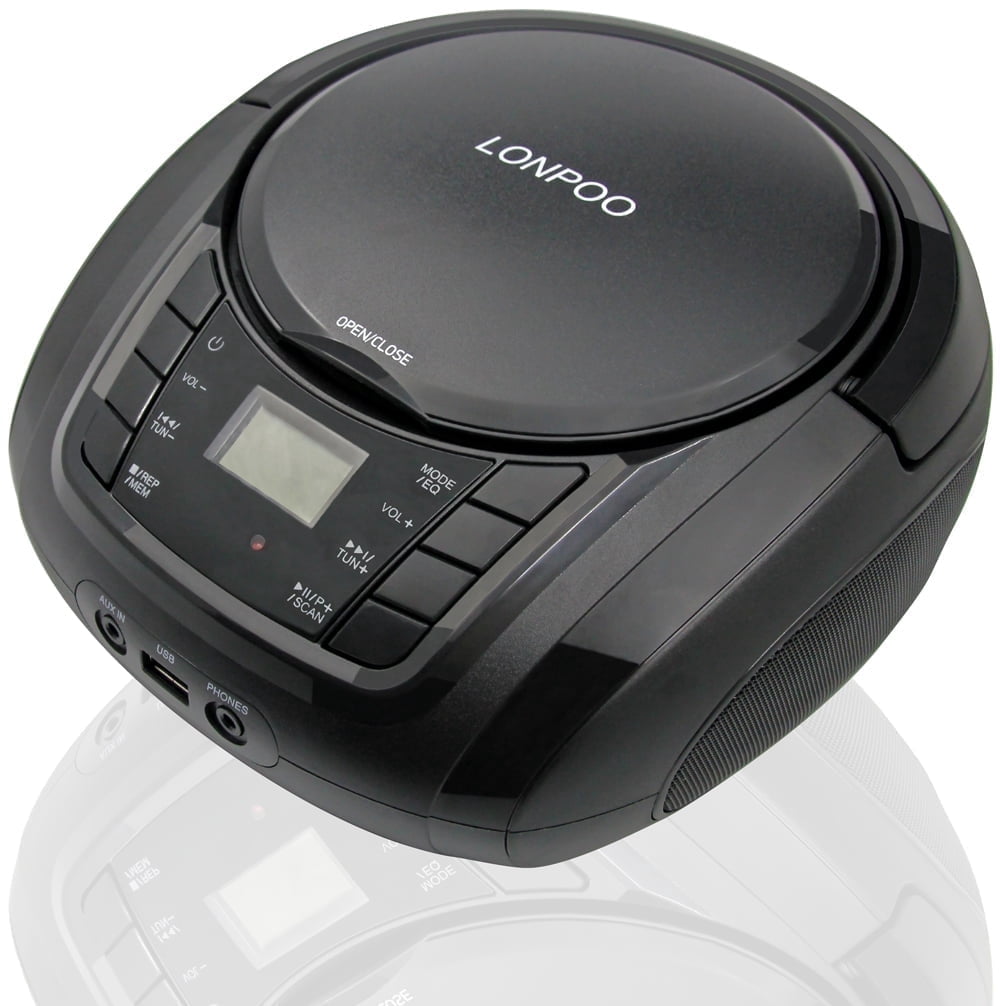 LONPOO Portable CD Player Boombox Classic Stereo Sound System Outdoor Speaker with FM Home Audio Radio, Bluetooth, Aux-in, USB Playback, Black