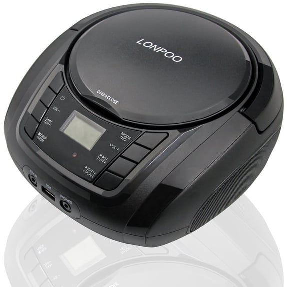 LONPOO Portable CD Player Boombox Classic Stereo Sound System Outdoor Speaker with FM Home Audio Radio, Bluetooth, Aux-in, USB Playback, Black