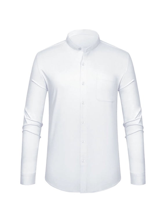 Men's Long Sleeve Banded Collar Dress Shirts Stretch Button Down Shirts with Pocket
