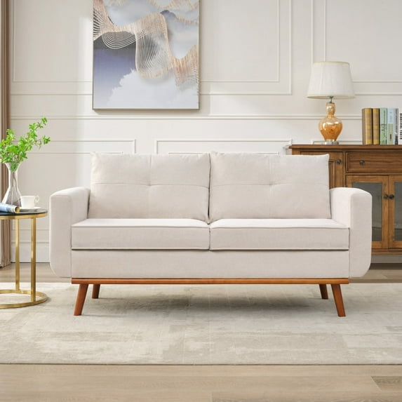 LONTAI 65" W Loveseat Sofa, Mid Century Modern Love Seat Couches for Living Room, Button Tufted Upholstered Sofa Couch for Bedroom, Soft Linen Love Seats Furniture, Cream
